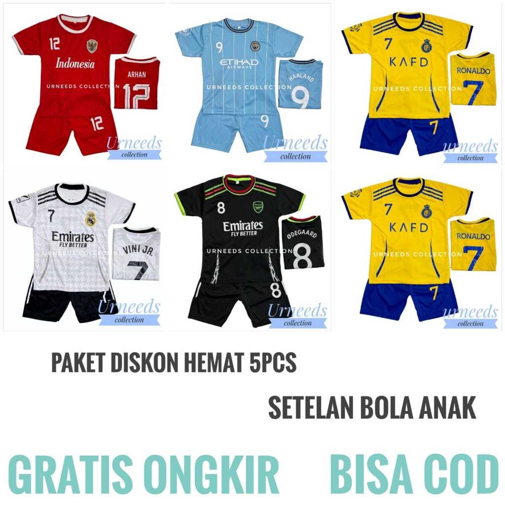 RAIN.SHOP PAKET HEMAT DISKON 5 PCS SETELAN BAJU BOLA ANAK LAKI LAKI RONALDO MESSI NEYMAR ARHAN BERKU