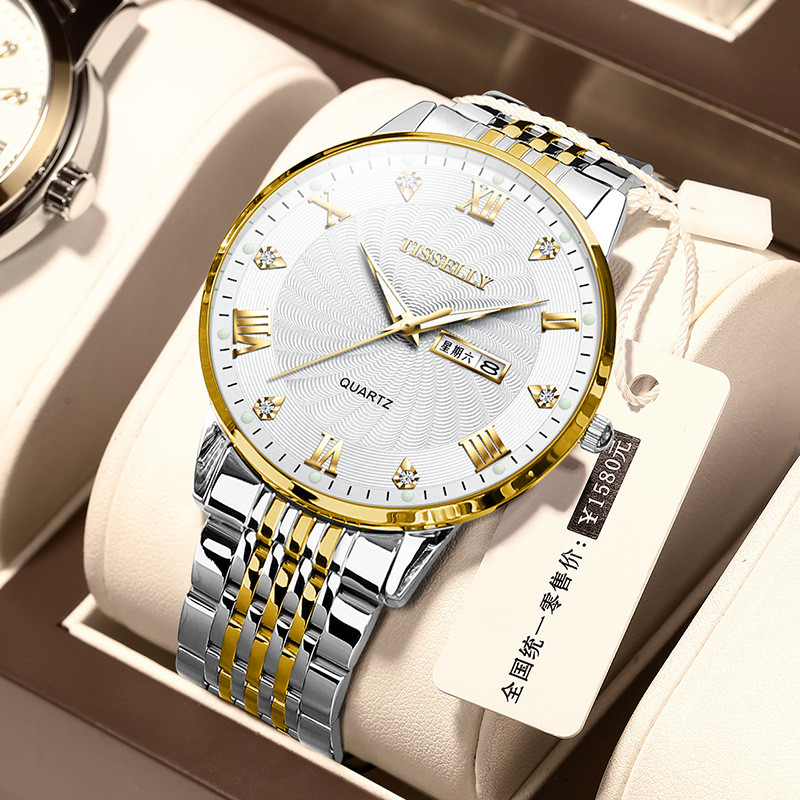 

Jam tangan quartz merek Swiss dengan tali baja kalender ganda jam tangan pria tahan air dan bercahaya