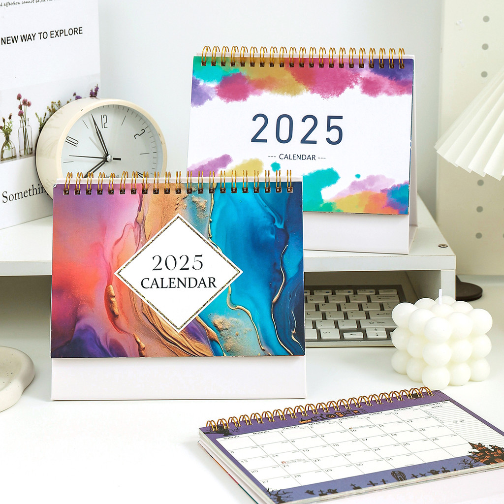 

1pc Simple 2025 Medium Desk Calendar Durable Metal Ring Binding Vertical Flip Desktop Desk Calendar(With Stickers)