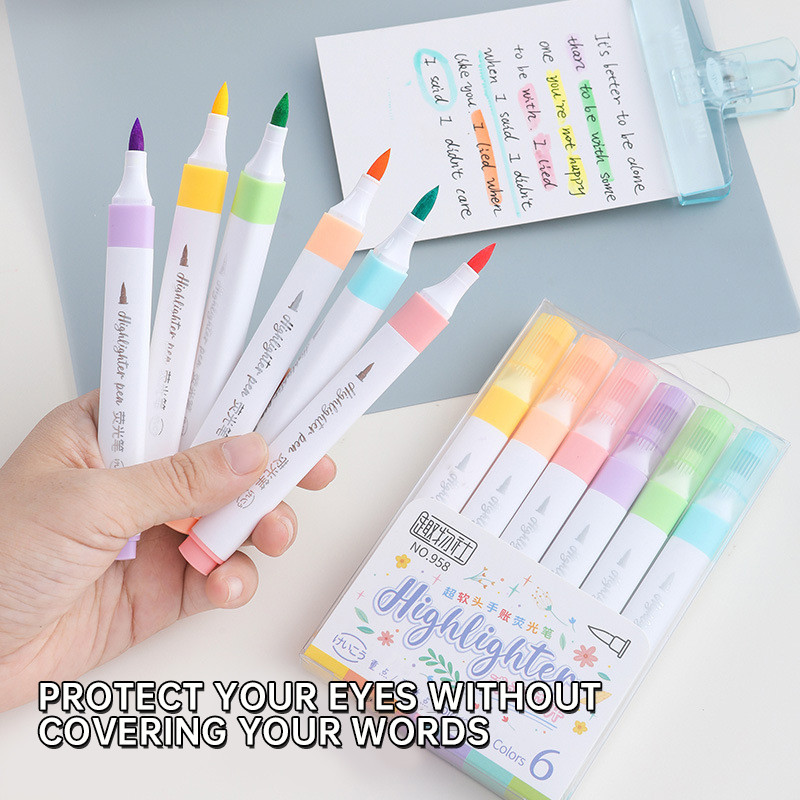 

6 Colors Highlighter Markers Kawaii Stationery Items Cute Highlighter Outline Pen Set Back to School Supplies for Students Kids