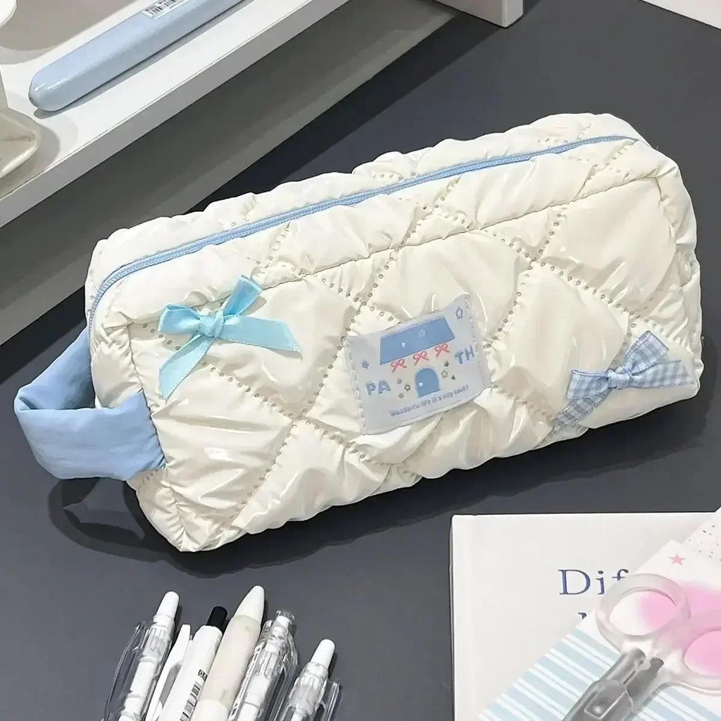 

Blue White Bow Pencil Bag Large Capacity Stationery Bag Travel Storage Bag Women'S Cosmetic Bags Cute Design Girls Pencil Case