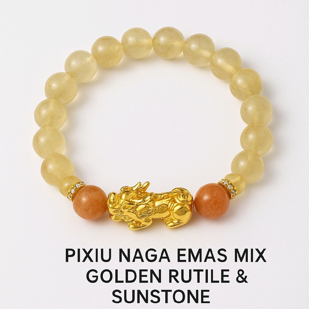 Gelang Pixiu Naga Emas mix Gold Rutile & Sunstone - Golden Flow Series - Limited Editition Premium Q