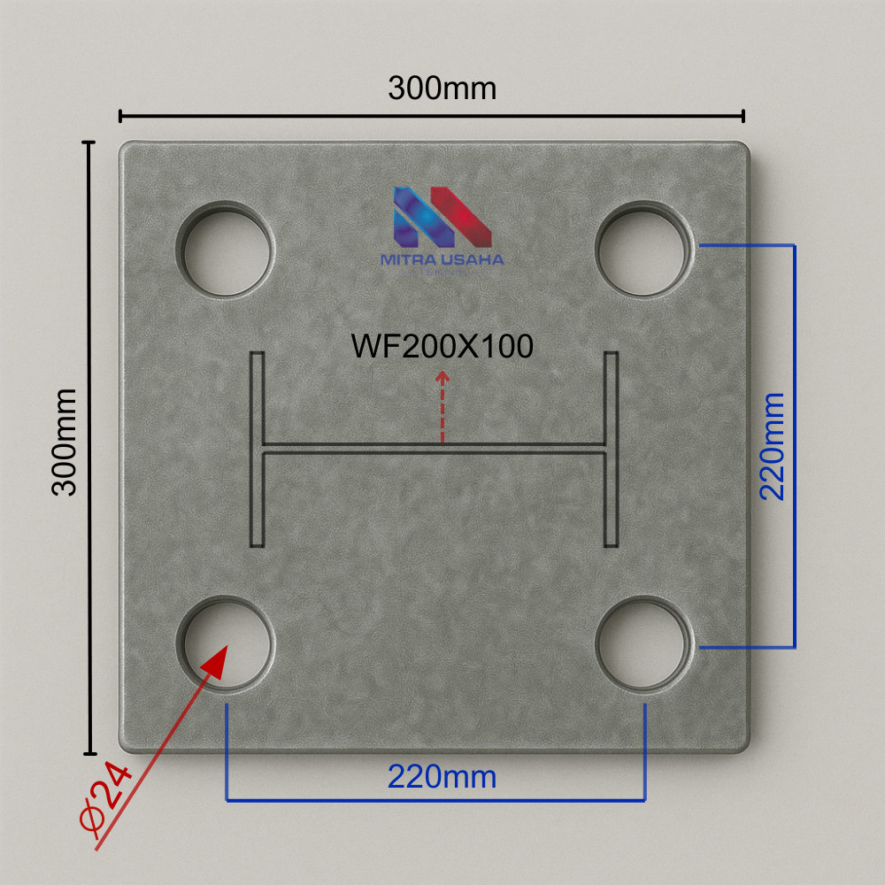 Base Plate WF200X100 –Ukuran Plat 300X300, Lubang Ø24mm, Plat Besi & Stainless Steel Potong CNC Lase