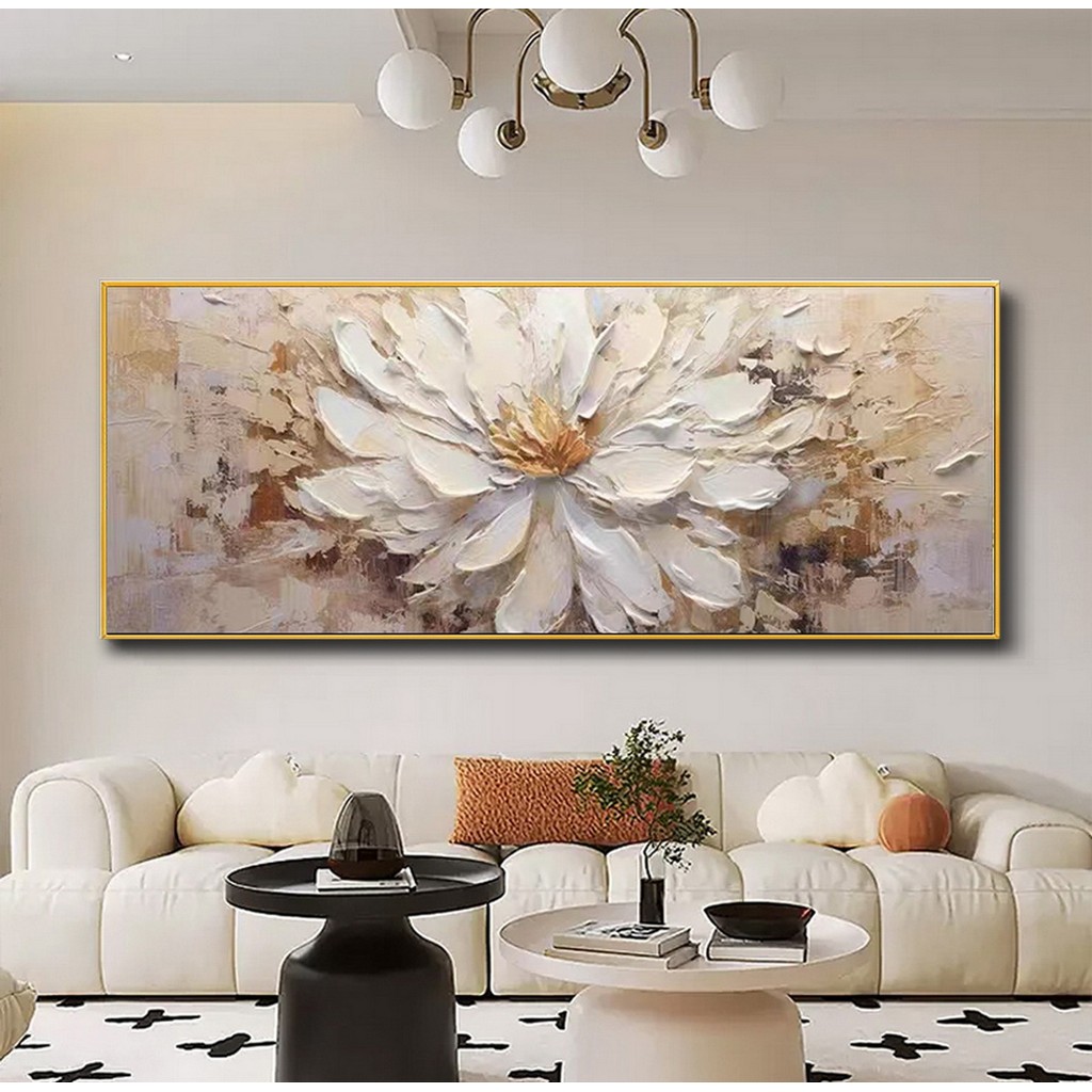 

Premium Quality Hand Painted Abstract Modern Flower Oil Painting Canvas Face 3D Thick Texture Minimalist Wall Art, White Yellow