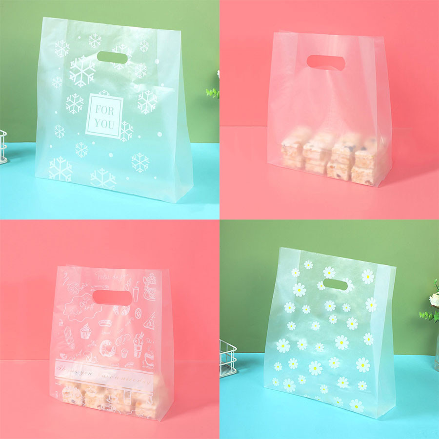 

50pcs Die Cut Plastic Merchandise Shopping Bags With Handle, Candy Cake Wrapping Organizer Bags,Wedding Party Gift Bag