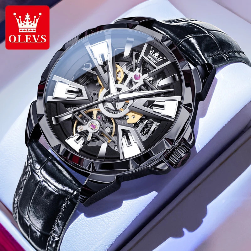 OLEVS Watch Automatic Mechanical Watch Men Black Steel Hollow Leather Watch Night Glow Waterproof Me