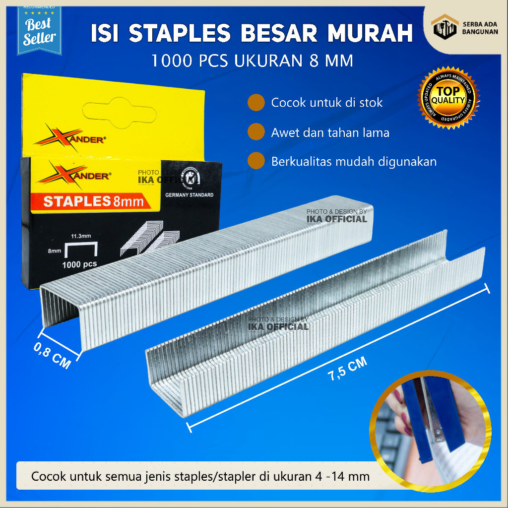 

SAB Isi Staples Tembak 8 mm / Xander Untuk uk. 4x14 mm Isi Ulang Straples Staples Stapler Mesin Paku Tembak isi 1000 Pcs 1008J XANDER / Reffil Air Nailer Stapler Gun Isi