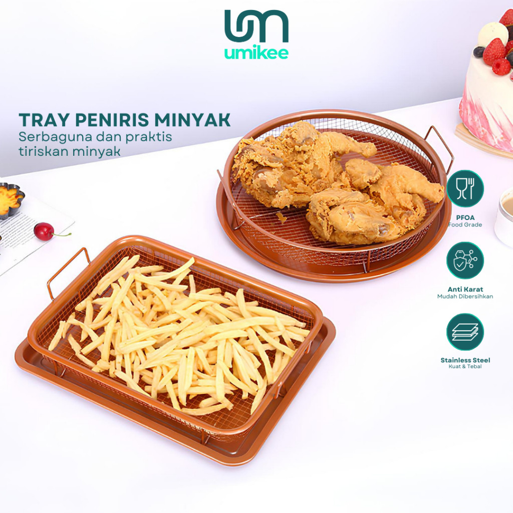 

UMIKEE Saringan Nampan Tray Peniris Gorengan Stainless Steel Coklat Bentuk Bulat dan Persegi