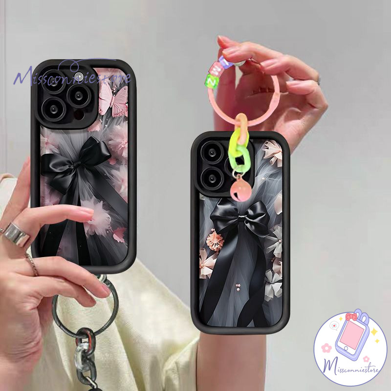 Missconnie Gantungan Kunci Lonceng Kecil Bunga Kupu-kupu Merah Muda Pita Hitam Soft Cover Untuk Real