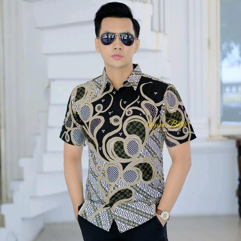 Hem batik pria eksklusif MAHAMERU PENDEK atasan batik pria warna hijau sage kemeja batik pria kekini