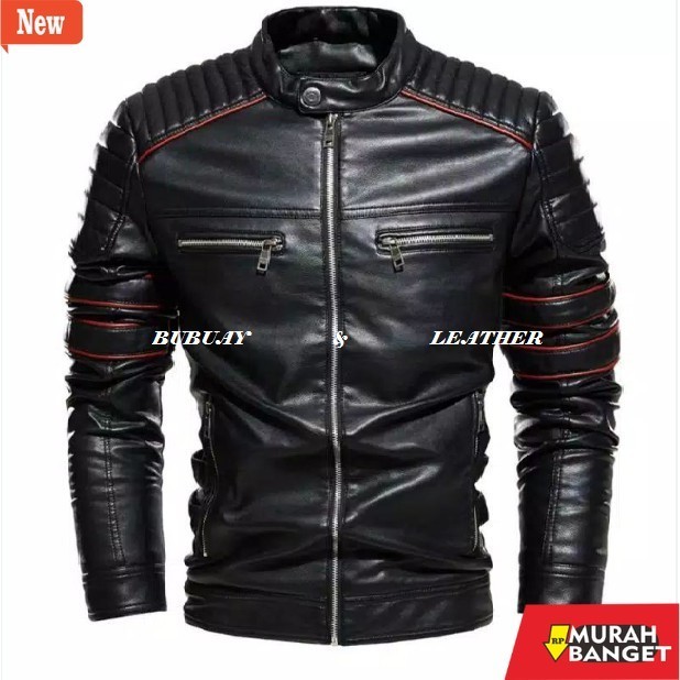 jaket kulit pria garut JAKET KULIT PRIA RACING STRIP MERAH / JAKE KULIT ORIGINAL/ JAKET MOTOR/ JAKET