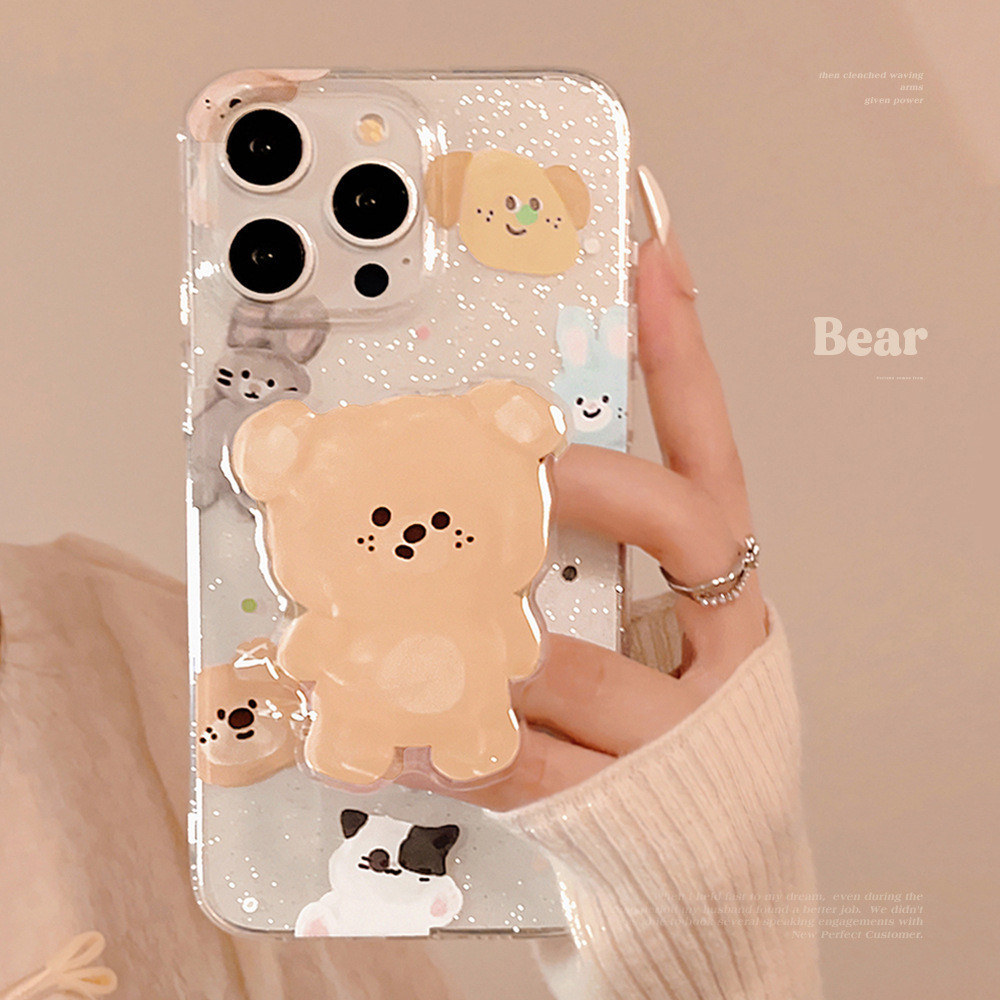 Case Lucu Oil Painting Boneka Brown Bear with Popsocket for iPhone 15 Pro Max Plus / 14 / 13 / 12 / 