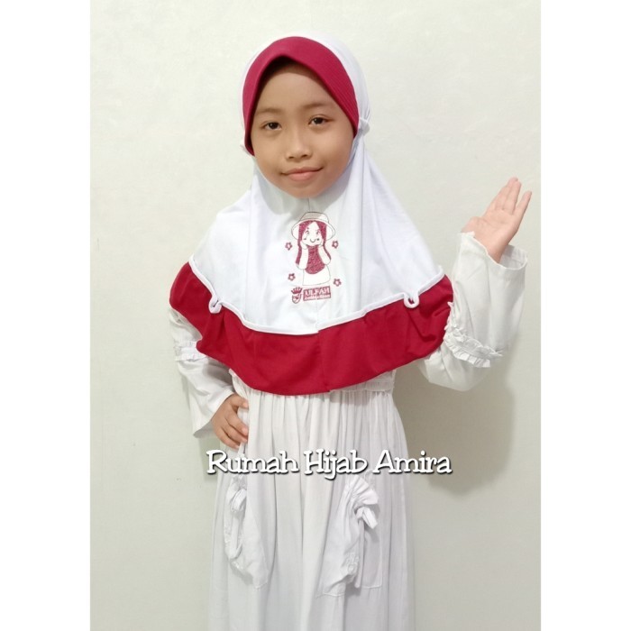 Jilbab Anak Kaos Sekolah Pita Karet Hijab Putih Merah - Putih Merah, Random