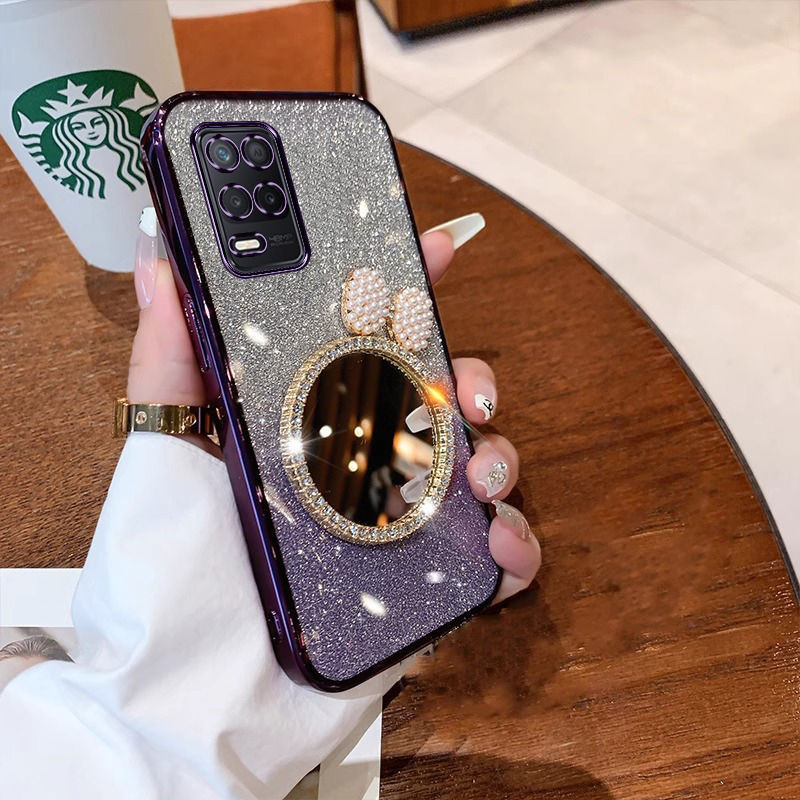 For OPPO A54 4G  A55 4G case casing Pemegang Cermin Kupu-kupu Mutiara Cermin Kosmetik Cermin Stereo 