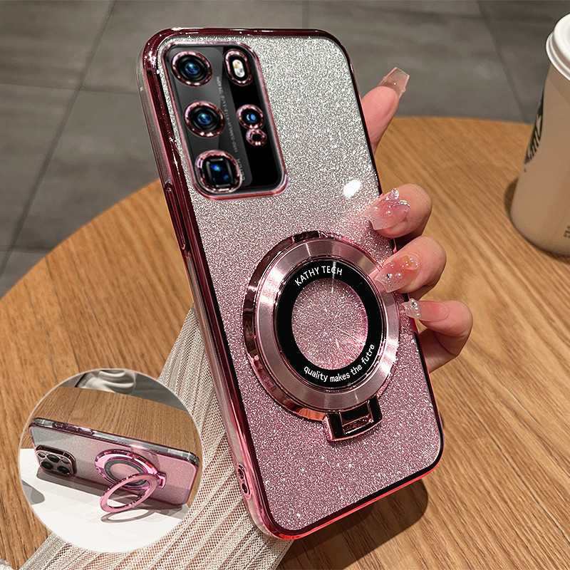 Casing HP Huawei P40 P40 Pro Back cover Luxury Shiny Gradient Plating Glitter MagSafe Ring Stand Pen