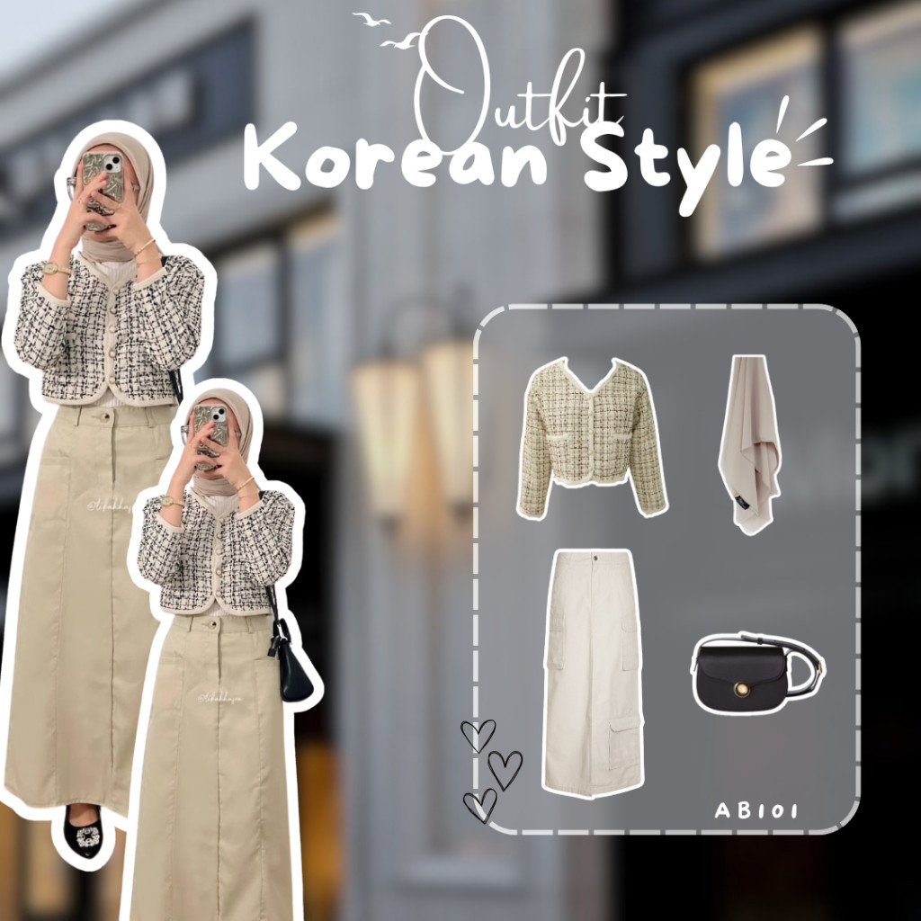 Set OOTD Hijab Wanita Rok Cargo Blouse Gaya Korea