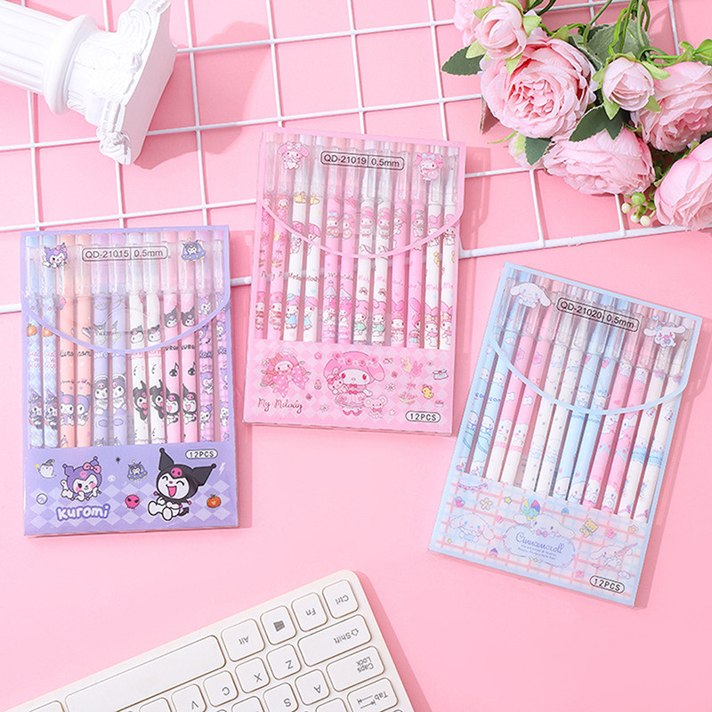 

12Pcs Sanrio Erasable Pen mymelody Kuromi Cinnamoroll Blue Ink Writing Refill Signature Tool Push Button School Office Supplies