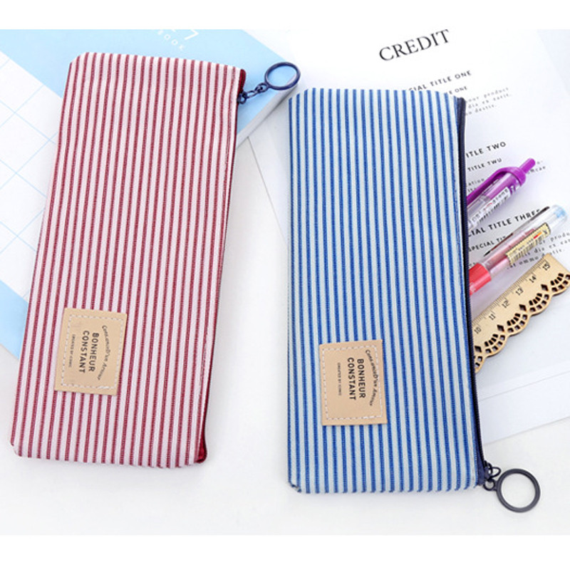 

2Pcs Canvas Pencil Case Simple Striped Grid Solid Color Pencil Bag Pencil Pouch Office School Students Supplies