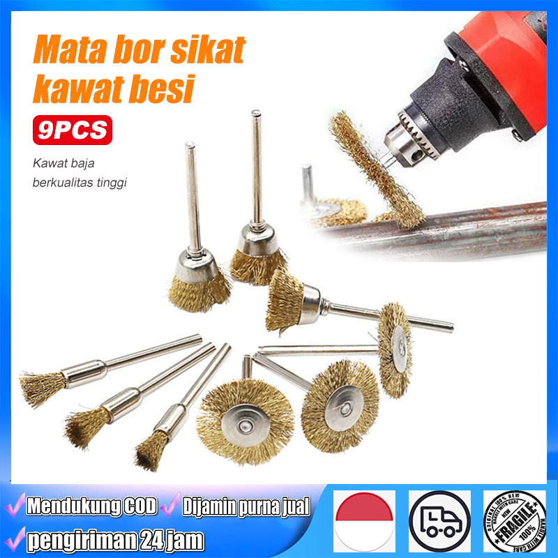 9pcs Mata Bor Sikat Kawat Besi Wire Brush Bor Mangkok Mata Bor Kawat Bor Sikat Kawat Kuningan