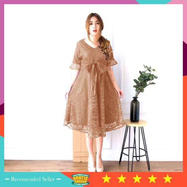 Baju Lebaran Natal Tahun Baru Murah Cantik Anggun Elegan / Yessi Dress Brukat Pesta/ Dress Natal Bru