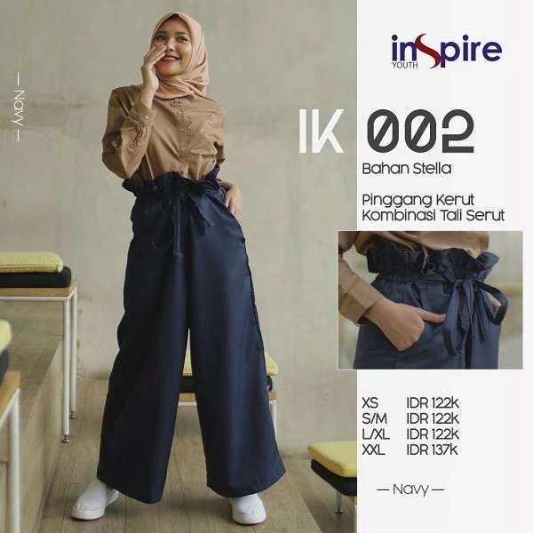 INSPIRE YOUTH IK 002 Celana Kulot Wanita Bahan Stella Navy Coklat Variasi Pinggang Kerut Tali Serut