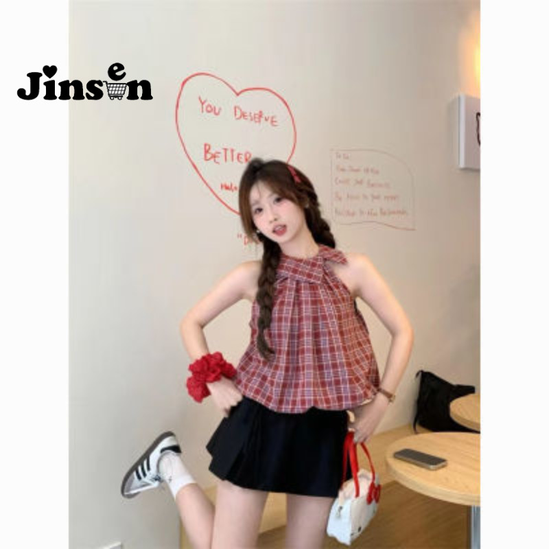 [JinSen] Kemeja Rompi Kotak-kotak Kontras Desain Perancis Atasan Off-shoulder Kerah Longgar Tanpa Le
