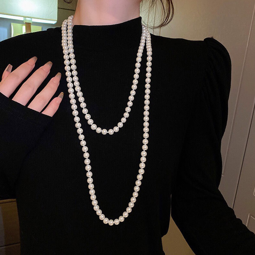 Kalung Mutiara Putih Panjang Wanita / Long Necklace Pearl Beads Kalung Mutiara Sexy Clubwear Body