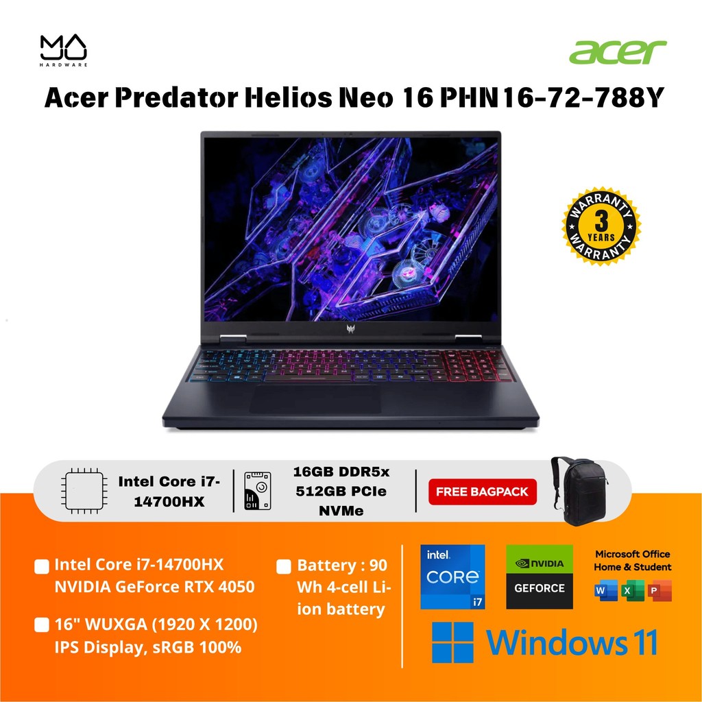Laptop ACER Predator Helios Neo 16 PHN16 72 788Y RTX4050 i7 14700HX 16/512GB Black