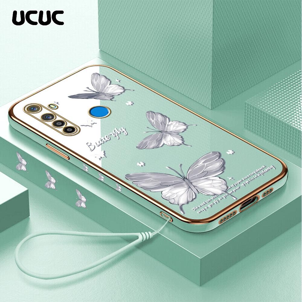 UCUC Realme 5 5i 5S 6i (Lanyard Gratis) Cartoon Square Edge Pattern Design Luxury Plating Soft Phone