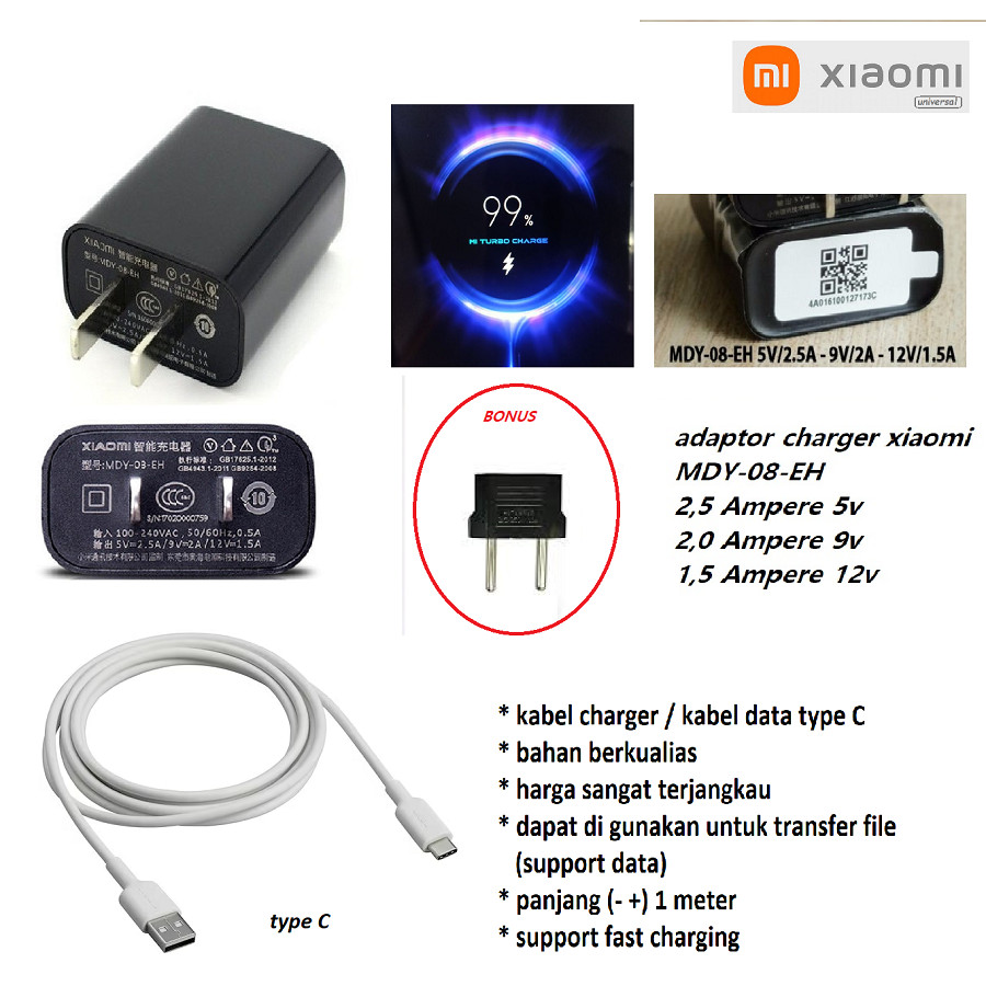 Usb type C kabel & adaptor  charger Xiaomi Mi 9 - Xiaomi Mi 9T  - Xiaomi Mi 9T PRO - Xiaomi Mi 9 SE 