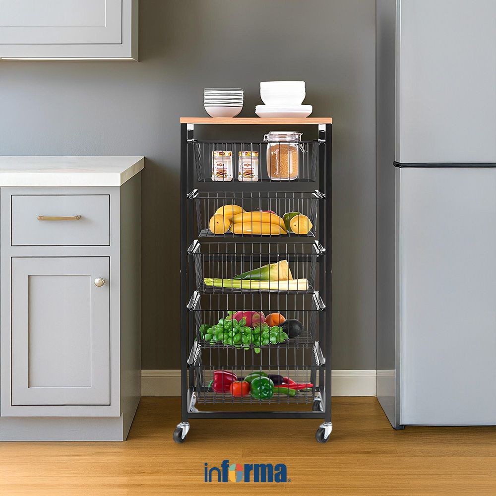 Informa Huxly Troli Dapur 5 Tingkat - Hitam Tempat Penyimpanan Multifungsi Storage Trolley Wheels Ra