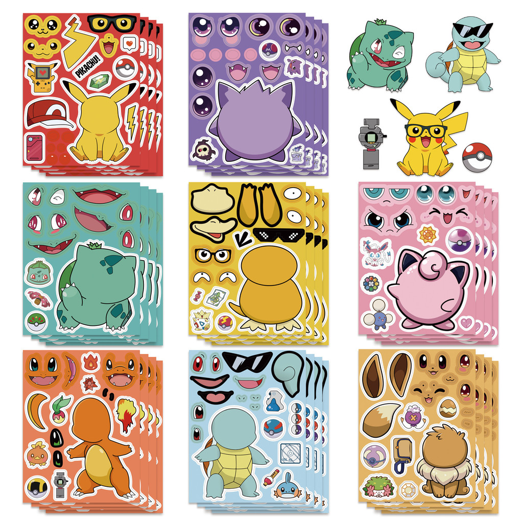 

8/16Sheets Pokemon Make a Face Puzzle Sticker Kids DIY Decoration Decals Notebook Phone Laptop Cups Luggage Waterproof Stickers