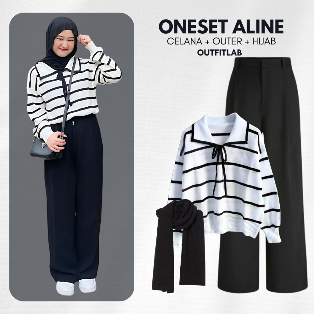 Aline Outfit Set Wanita Hijab Setelan Bukber ( Kulot+Sweater+ Pashmina )One Set OOTD Remaja Kekinian
