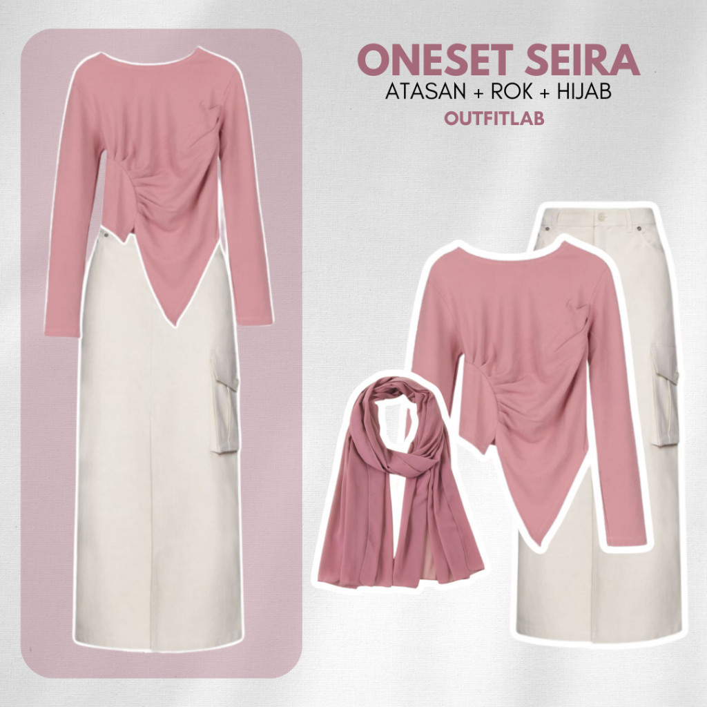 Outfit Set Seira Hijab Rok Cargo Cream Dress Blouse Kerut Pink Pashmina Ceruty Setelan Wanita OOTD