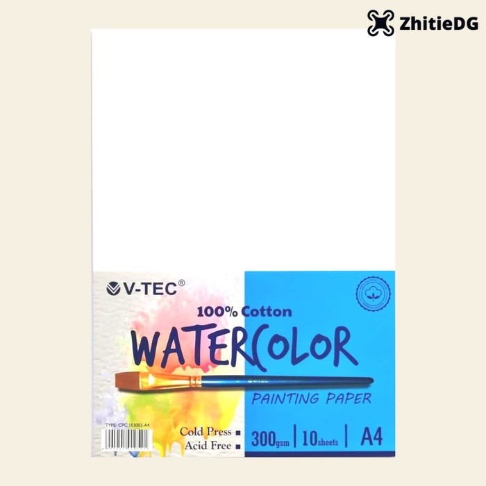 

(1 PACK = 10 LMBR A4 ) COTTON COLD PRESS 300 gsm Kertas Gambar Watercolor Vtec A4 / Water Color Paper / Kertas Watercolour Painting / Water Colour V-Tec
