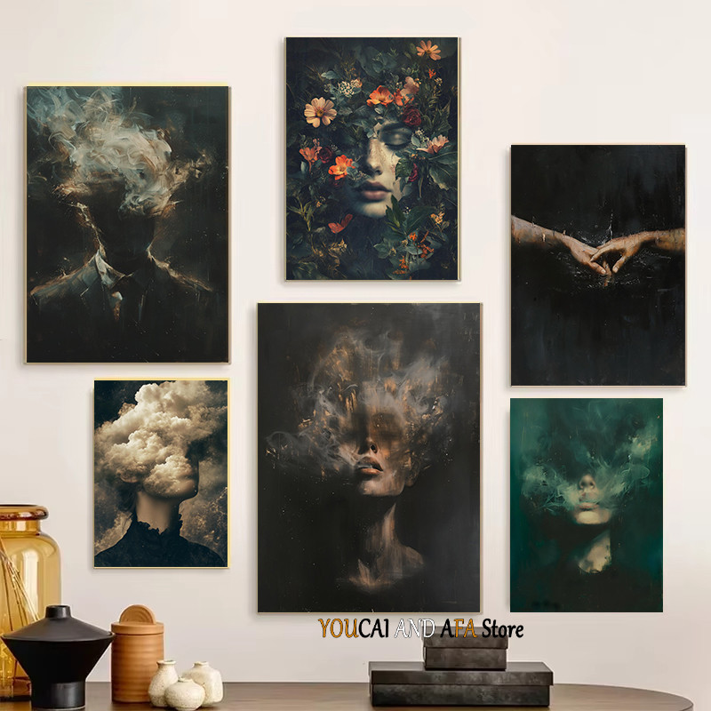 

Modern Dark Moody Couple Portraits Surreal Art Print Moody Gothic Wall Art Dark Academia Home Living Room Canvas Painting Decor
