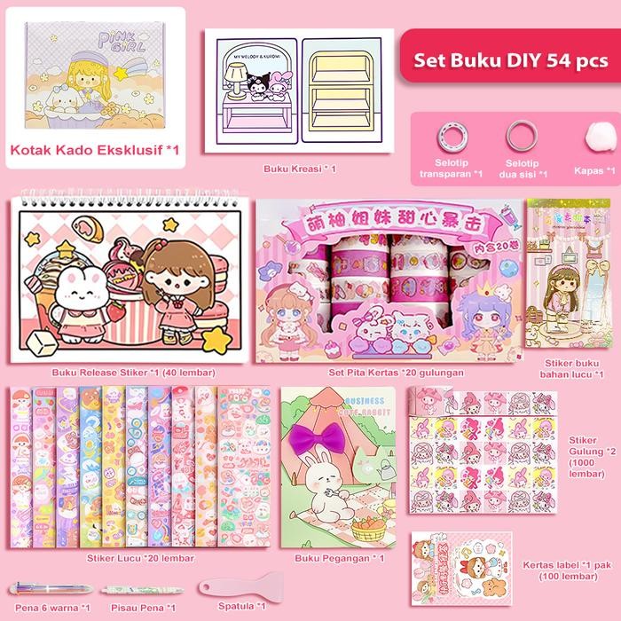 

READY Tatajoy 2-in-1 Journal kit DIY Cute Stiker Buku Handbook DIY Gantungan Kunci Guka Set Stiker Mainan Anak Perempuan - 54pcs