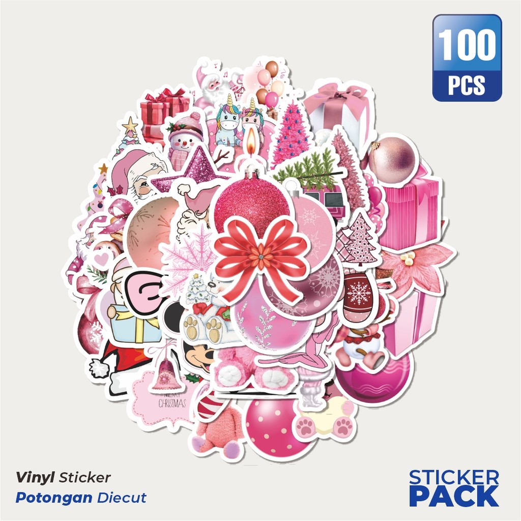 

Super Hemat! 100 PCS Stiker Pink Christmas Waterproof Aesthetic- Untuk Laptop, Motor, dan Helm - Paper Stationery Pack