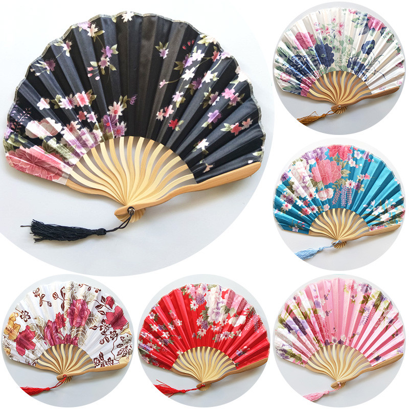

Vintage Silk Folding Fan Retro Chinese Japanese Bamboo Folding Fan Tassel Dance Hand Fan Home Decoration Ornament Craft Gift