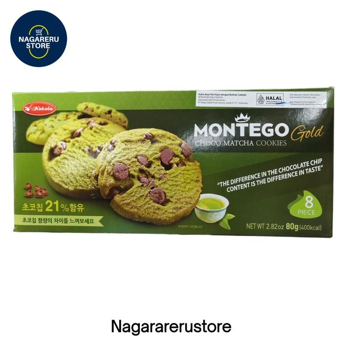 

Kokola montego choco matcha cookies gold (kukis rasa teh hijau dengan butiran coklat) 80gr