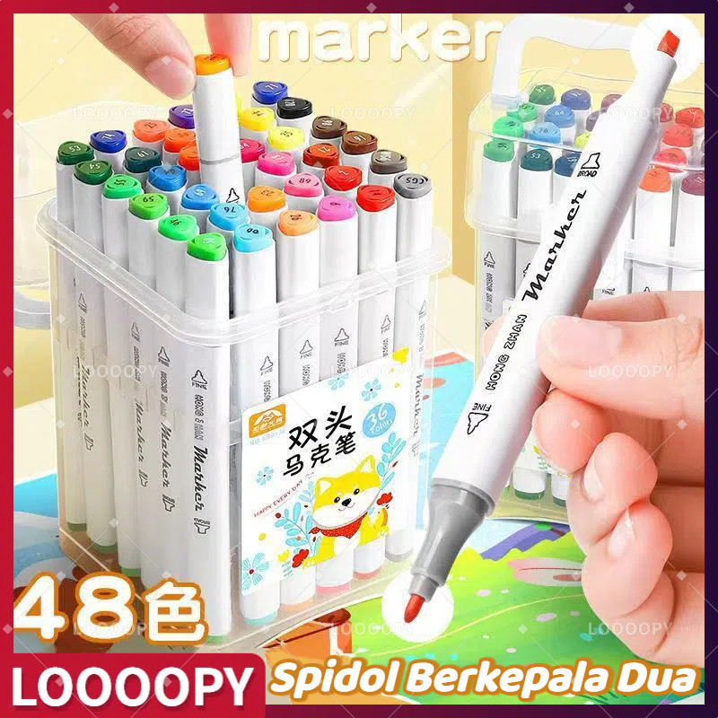 

LOOOOPY Spidol Berbasis Minyak Ujung Ganda Set Lengkap Spidol Anak 12-48 Warna Pensil Cat Air Set Warna