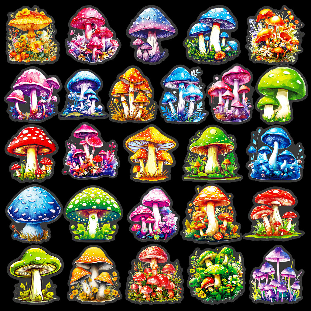 

50 PCS Various Mushroom PET Stickers Creative Mushroom Theme Decorative Stickers Waterproof Retro Plant Mushroom Stickers