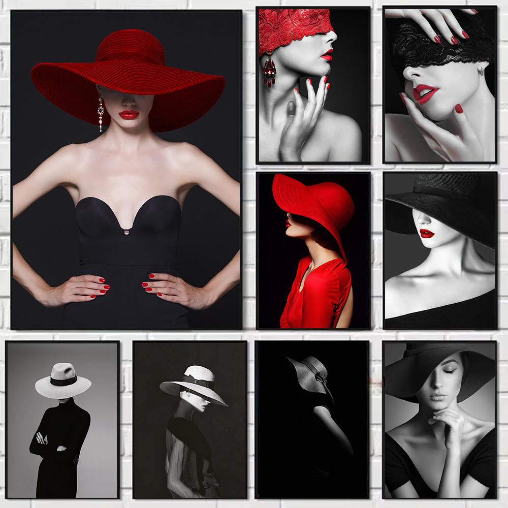 

Red Lips Elegant Woman Poster Print Modern Wall Art Canvas Painting Black and White Picture Home Room Decoration