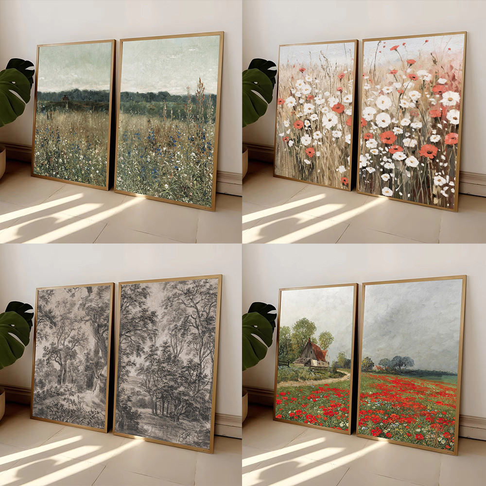

Wildflower Field Poster Landscape Sketch Neutral Forest Canvas Painting for Living Room Home Farmhouse Decoration Cuadros