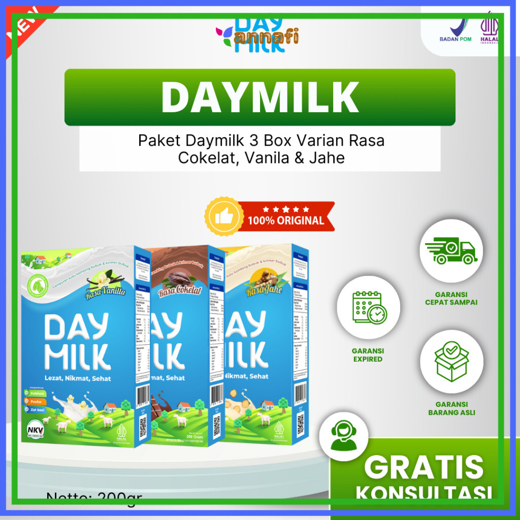 

[PAKET 3 BOX] DAYMILK Varian Rasa - Cokelat, Vanilla, Jahe - Susu Kambing Etawa Bubuk
