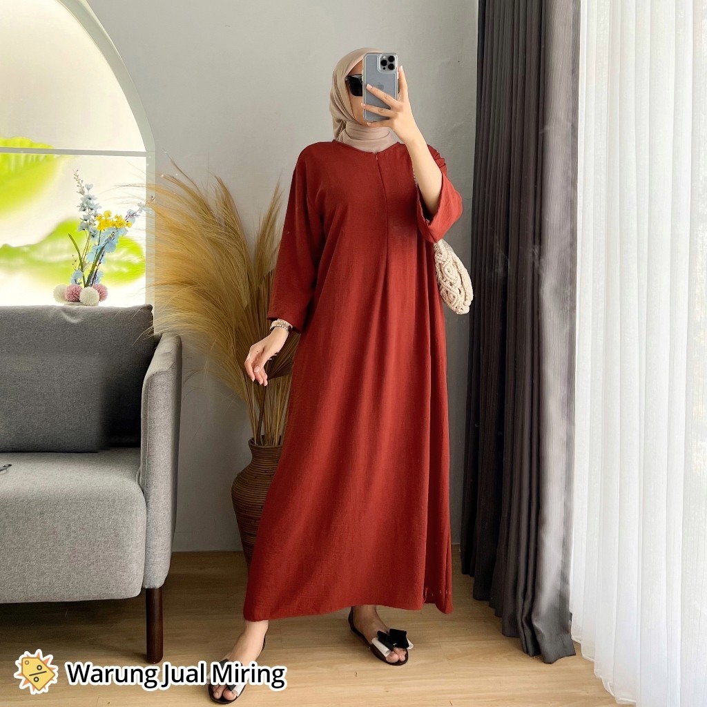 Dress Gamis Daster Tunik Crinkle Airflow Polos Busui Lengan 3/4 Baju Gamis Panjang Santai Harian Rum
