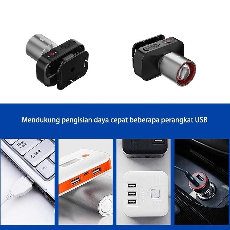 Senter Kepala Led Zoom USB Charging Senter Super Terang  Putih 1000 Lumen Senter Kepala