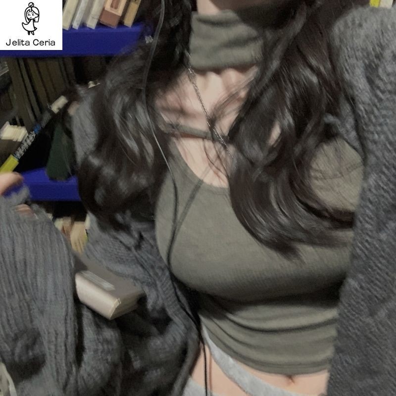 [ COD✅]JelitaCeria Ketuk bagian atas dengan selera desain King kemeja bottoming ramping wanita kerah