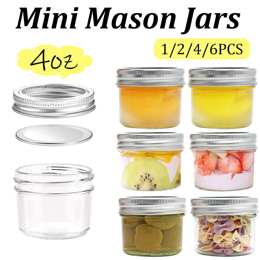 

4oz Mini Mason Jars with Lids 1/2/4/6PCS Small Glass Bottle for Jelly Jam Honey Dessert Spice Storage or Candle Crafts DIY