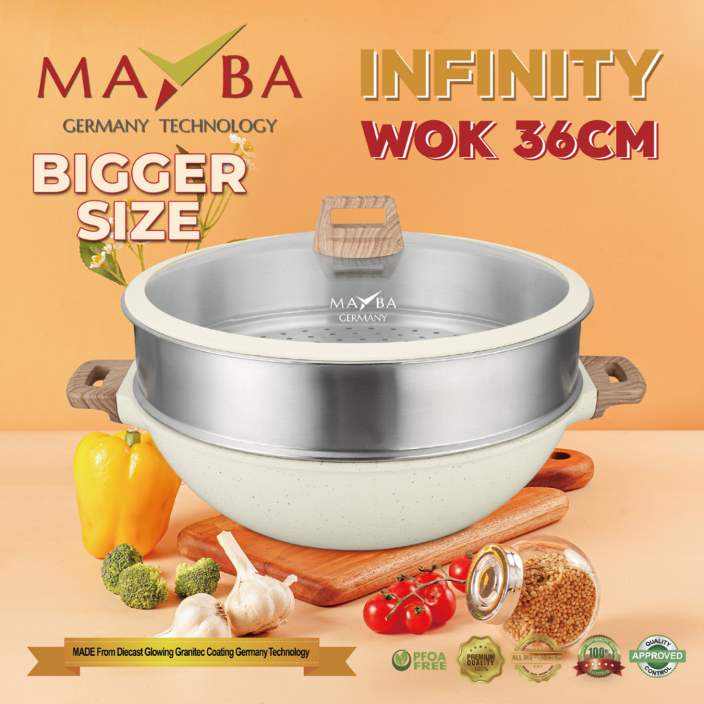MAYBA KUALI JUMBO 36 CM Panci Wok pan Wajan anti lengket marble paling besar diatasnya wokpan 32 34